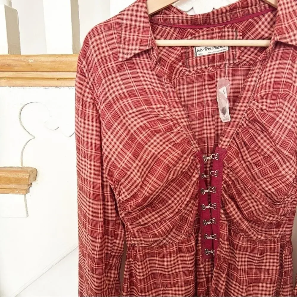 NWT Free People We The Free Red Combo Plaid Catalina Remade Shirt Combo Tunic S